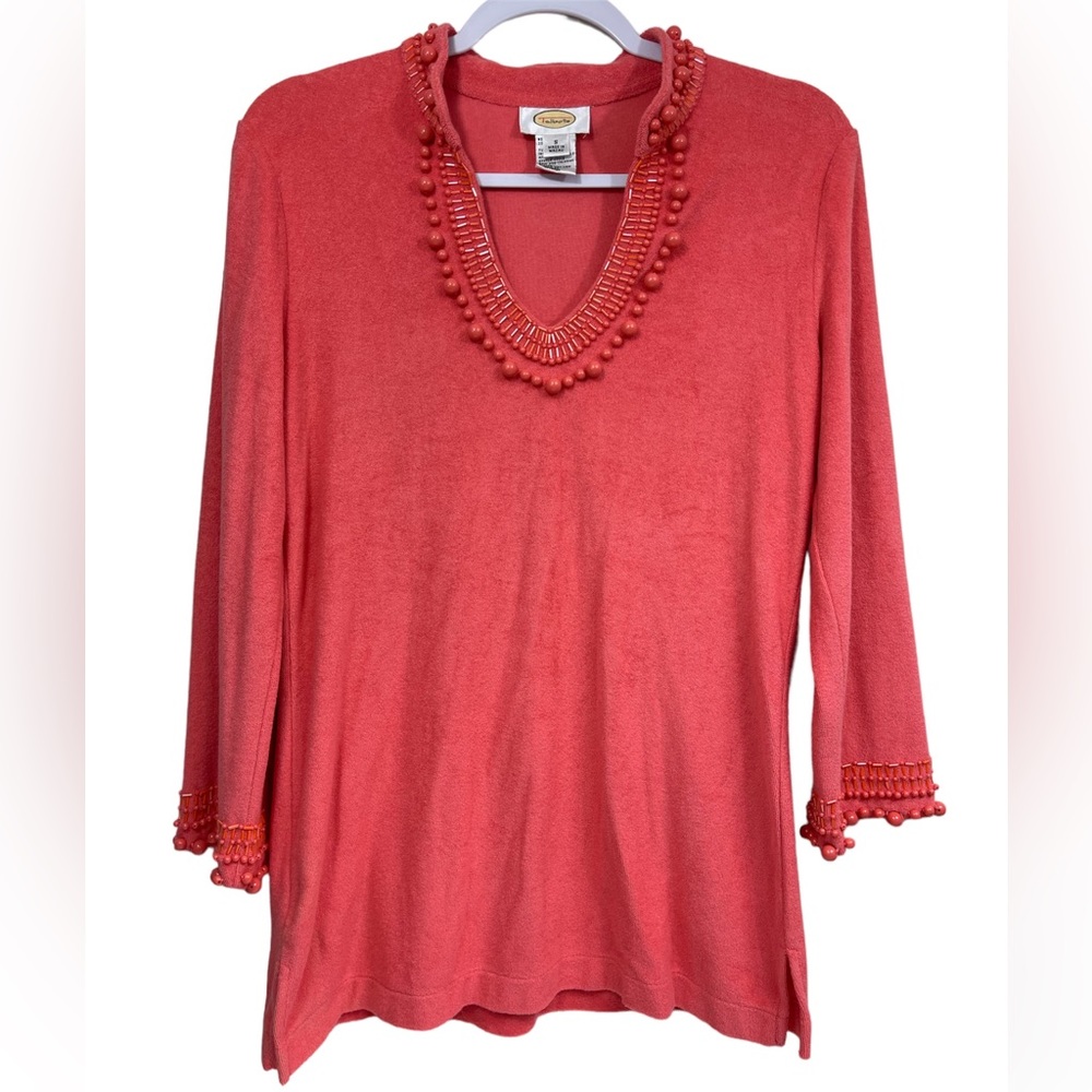 Talbots Peach Terry Cloth Tunic Embellished Tunic Top Size Small